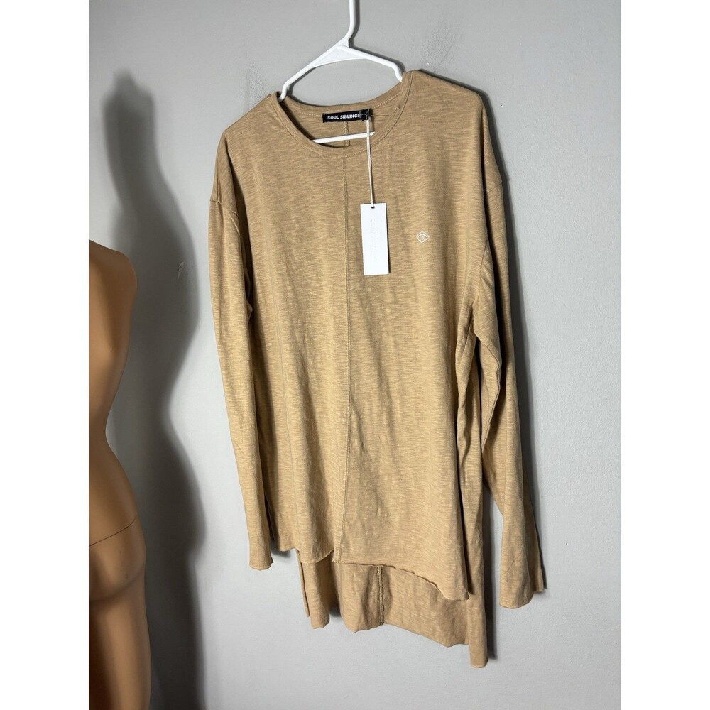 SOUL SIBLINGS | Tan  Slub Drop Hem Long Sleeve T-shirt | Men's Size XL